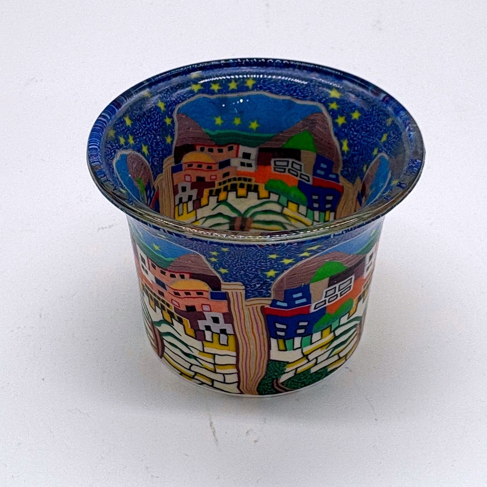 Hellmann Versand Leuchtglas Hand Painted‎ Glass Votive Candle Holder Village Sky